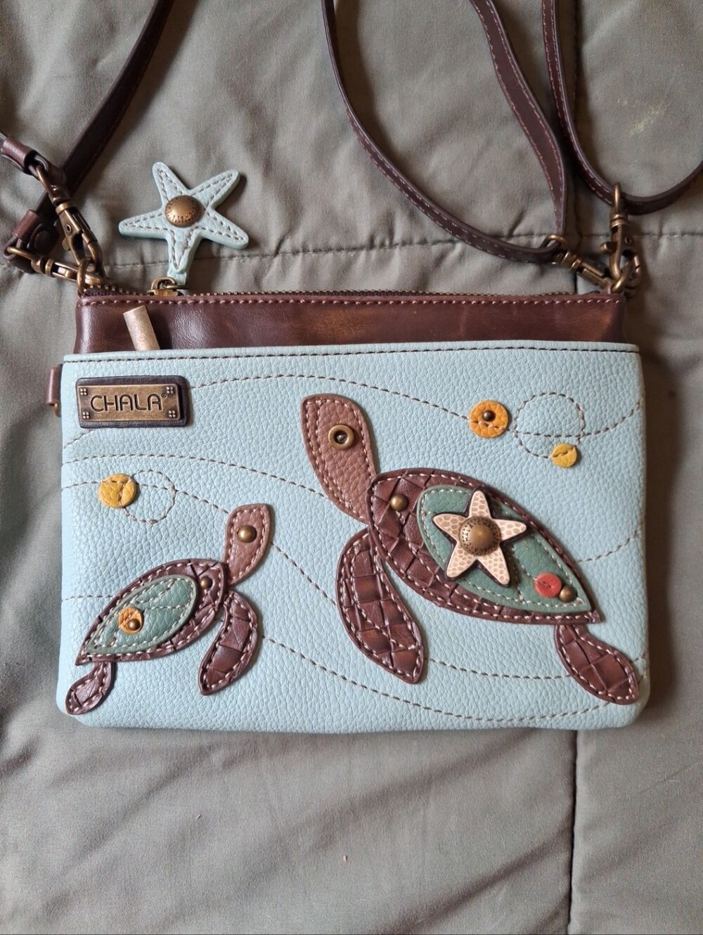 Chala Light Blue Crossbody with Brown Turtle Appliques